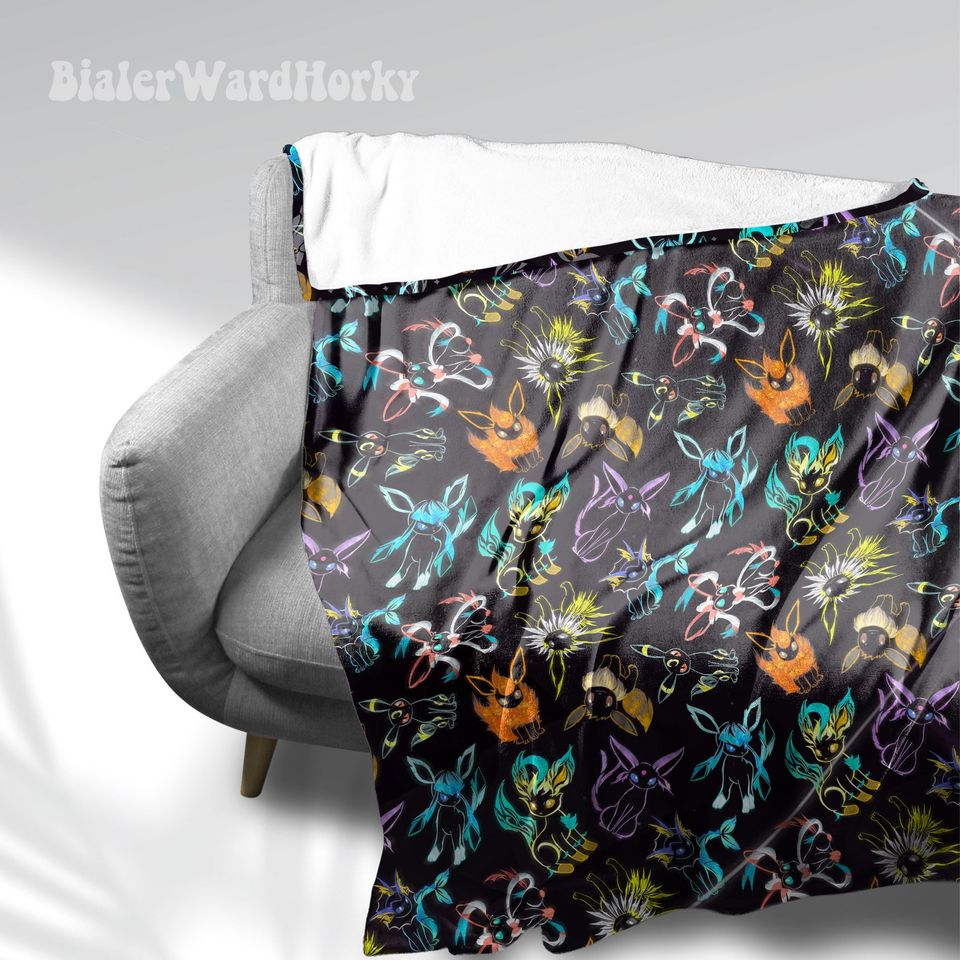Eevee Evolution Neon Fleece Blanket, Evolution Blanket Fleece Blanket, Anime Blanket Evolution, Gifts
