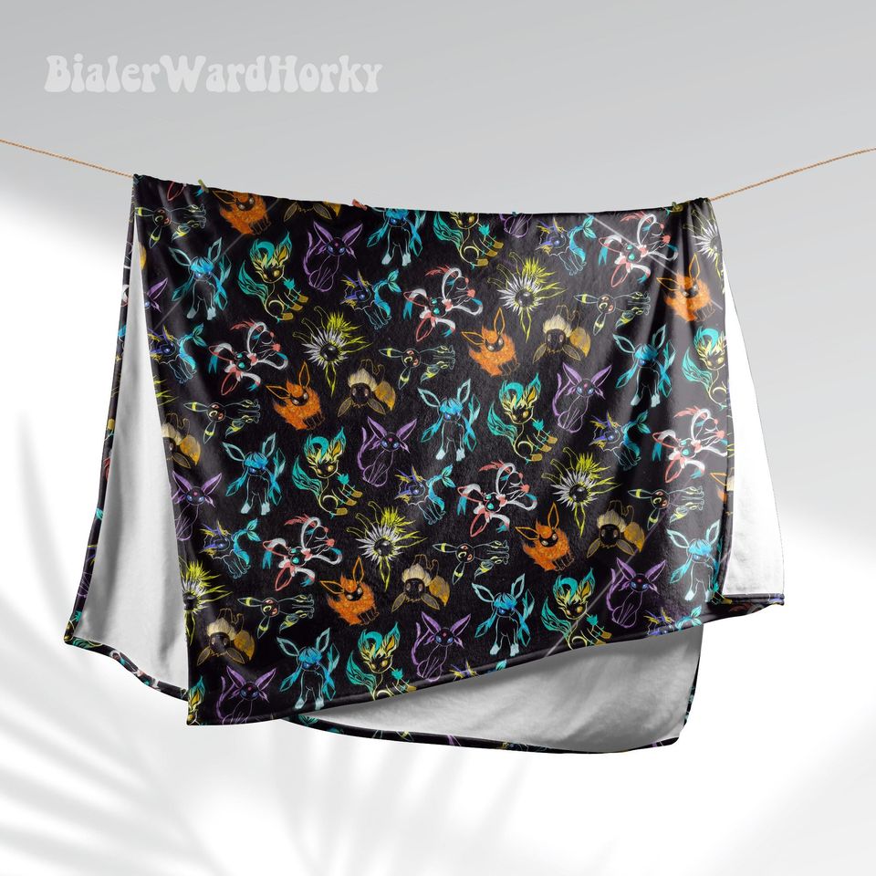 Eevee Evolution Neon Fleece Blanket, Evolution Blanket Fleece Blanket, Anime Blanket Evolution, Gifts