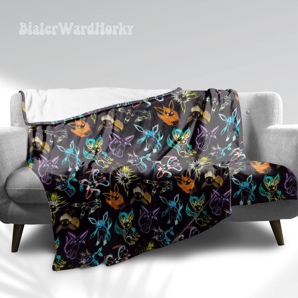 Eevee Evolution Neon Fleece Blanket, Evolution Blanket Fleece Blanket, Anime Blanket Evolution, Gifts