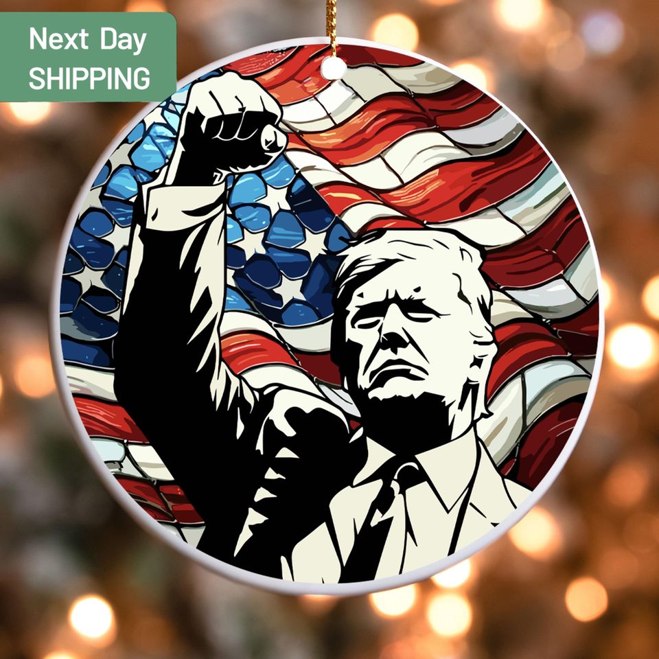 Trump with Raised Fist Stained Christmas Ornament, American Pride Keepsake, American Gift Ornament