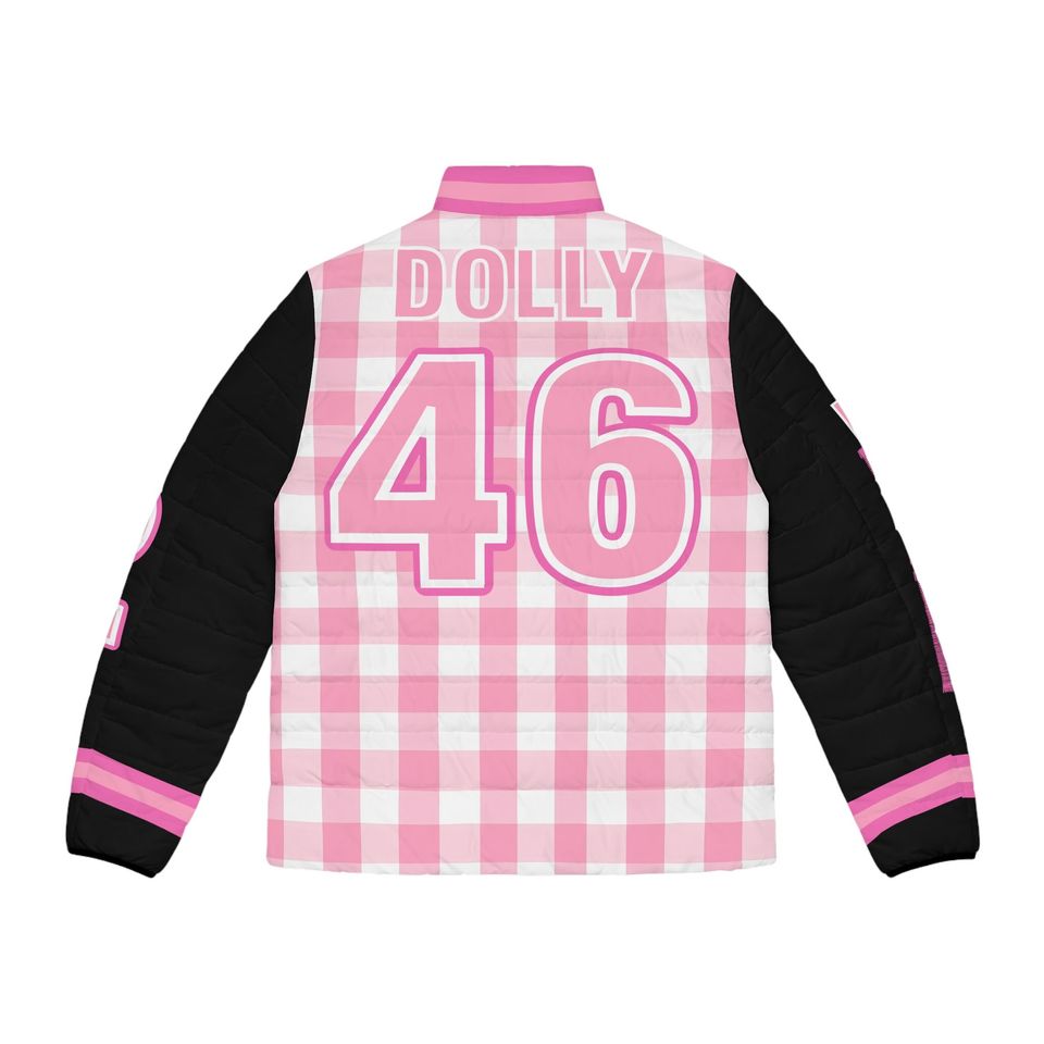 Dolly 46 Pink Checkerboard with Black Sleeves Game Day Men's Puffer Jacket