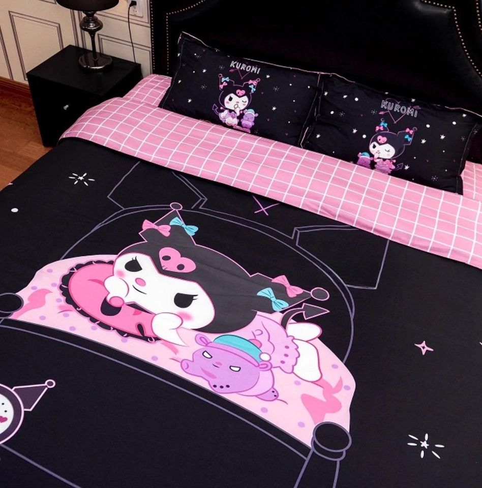 Pink Black Duvet Cover Set, Hello Kitty, Kuromi Bedding Set