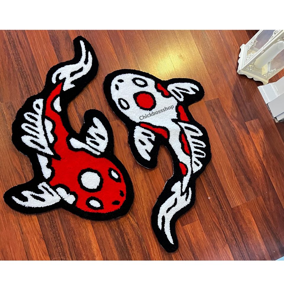 Red Koi Yin Yang Fish Rug | Custom Asian Tufted Rug | Fluffy & Soft Tufting