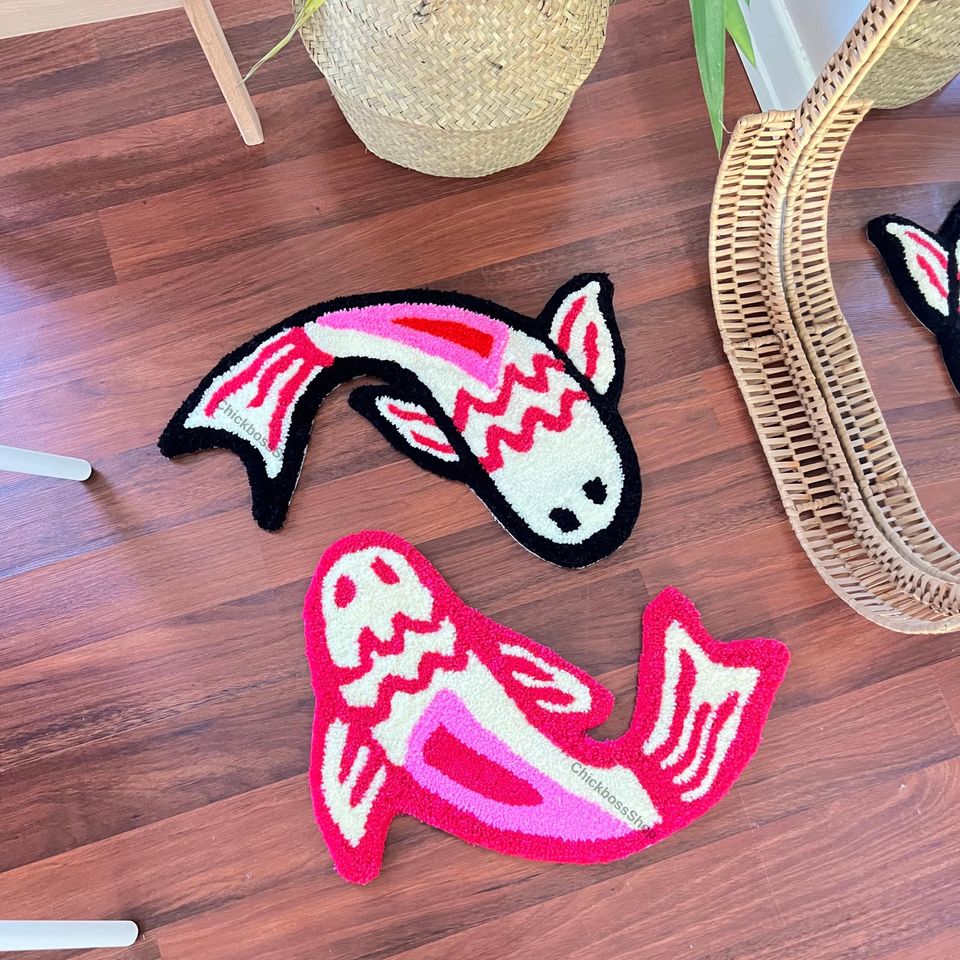 Handmade Pink Koi Fish Rug: Yin Yang Acrylic Accent Rug