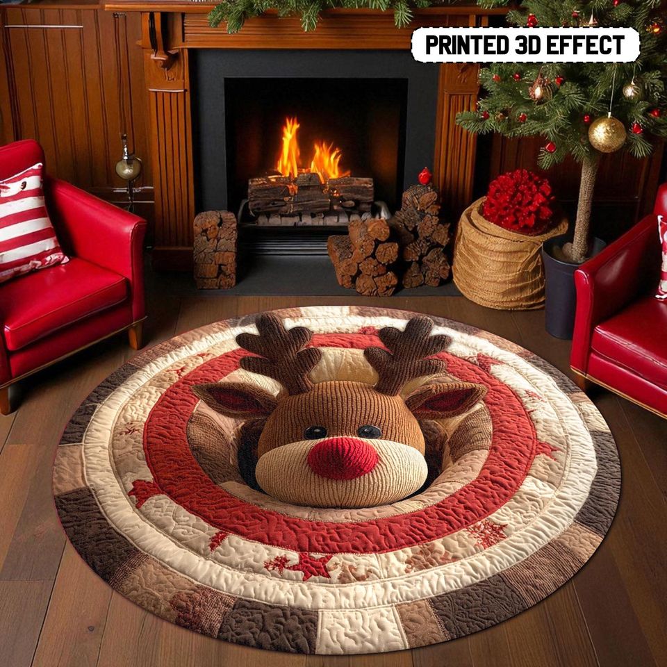 Christmas Reindeer Round Mat, Reindeer 3D Printed Holiday Rug