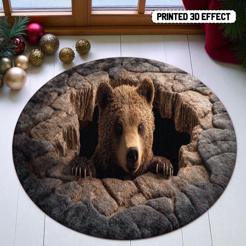 Bear Hole Illusion Rug, 3D Printed Bear Round Mat for Living Room