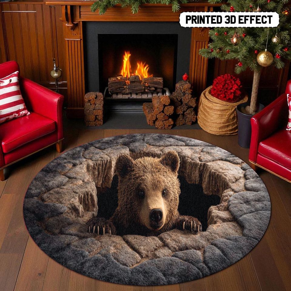 Bear Hole Illusion Rug, 3D Printed Bear Round Mat for Living Room
