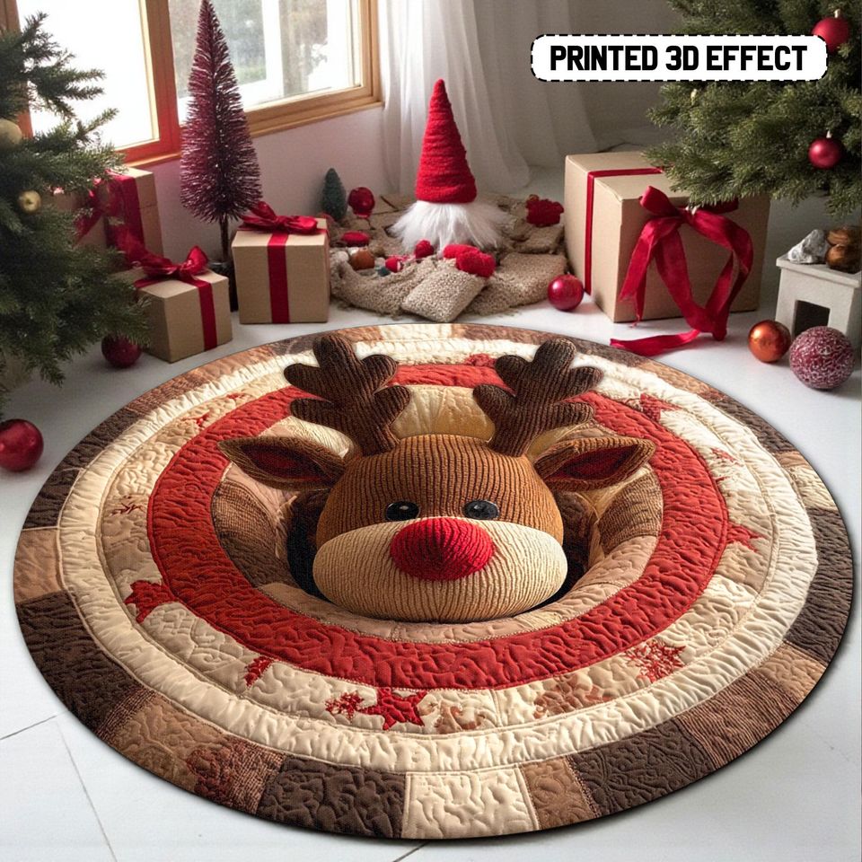 Christmas Reindeer Round Mat, Reindeer 3D Printed Holiday Rug
