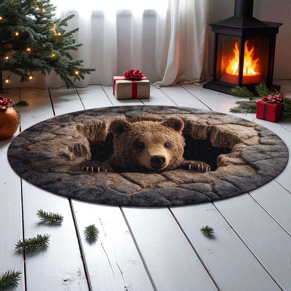 Bear Hole Illusion Rug, 3D Printed Bear Round Mat for Living Room