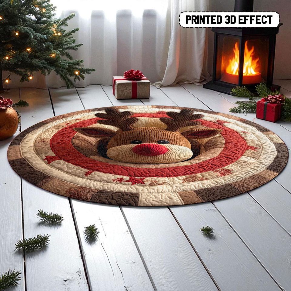 Christmas Reindeer Round Mat, Reindeer 3D Printed Holiday Rug