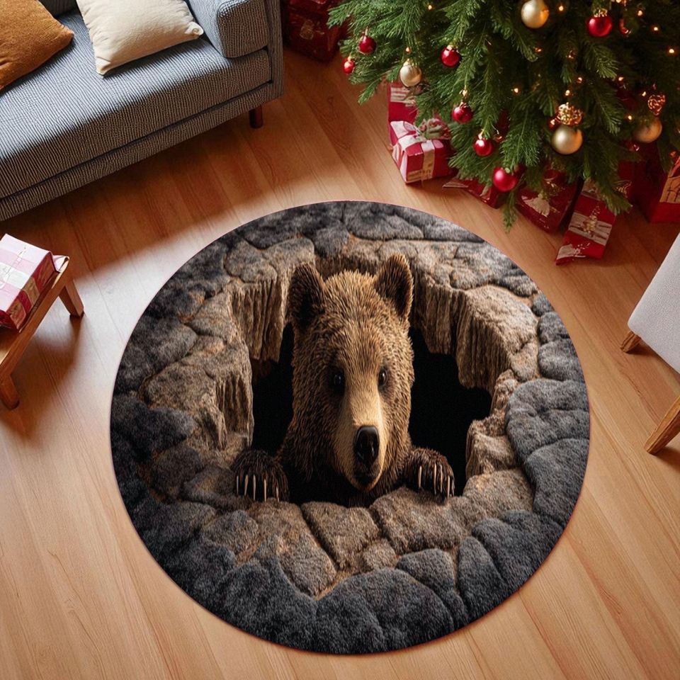 Bear Hole Illusion Rug, 3D Printed Bear Round Mat for Living Room