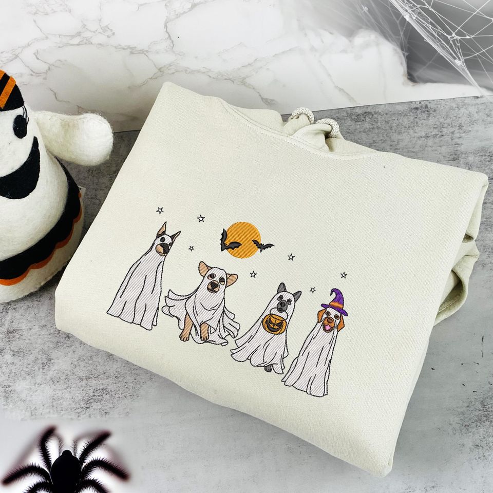 Embroidered Dog Ghost Sweatshirt, Pumpkin Ghost Sweatshirt