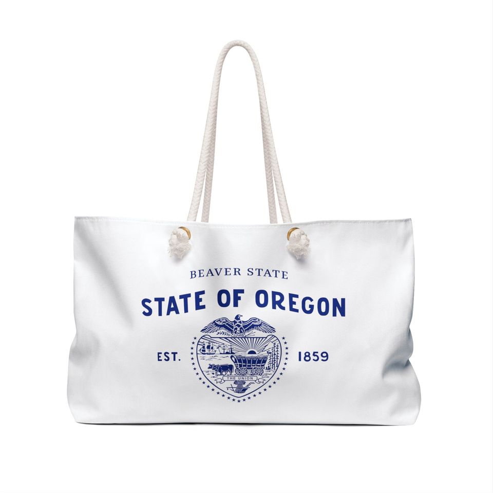 Oregon State Tote Bag Weekender with Illustrated Flag and Beaver Design