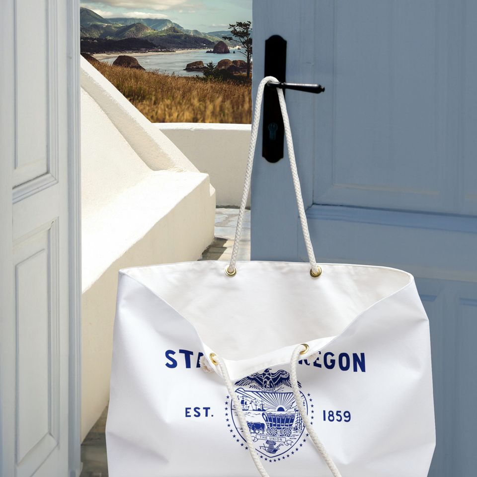 Oregon State Tote Bag Weekender with Illustrated Flag and Beaver Design