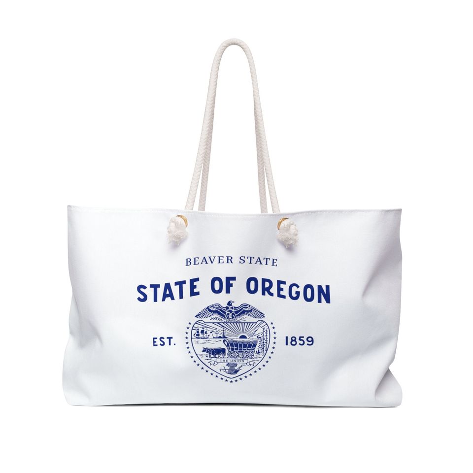Oregon State Tote Bag Weekender with Illustrated Flag and Beaver Design