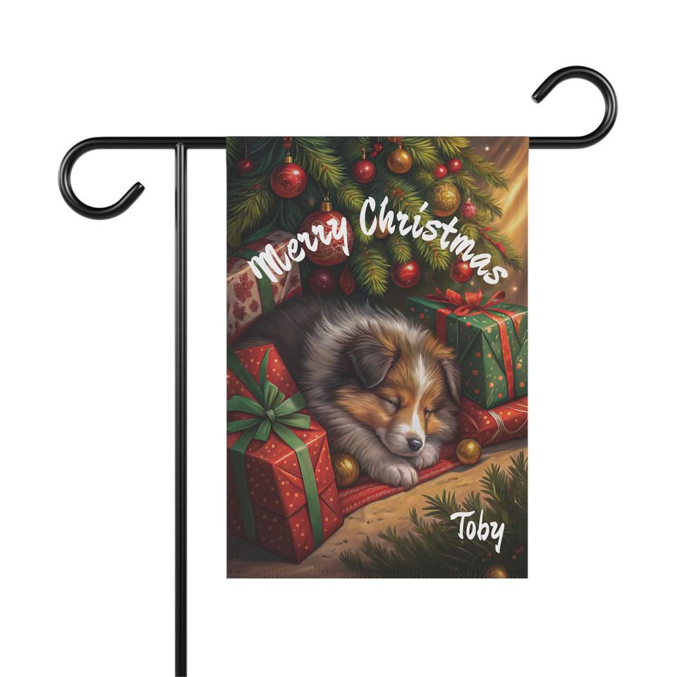 PERSONALIZED, Sheltie Christmas Garden Flag, Sheltie House Banner, Outdoor Christmas Decor, Winter Yard Sign, Dog Yard Flag