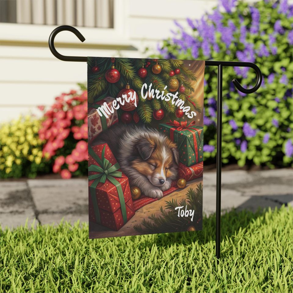 PERSONALIZED, Sheltie Christmas Garden Flag, Sheltie House Banner, Outdoor Christmas Decor, Winter Yard Sign, Dog Yard Flag