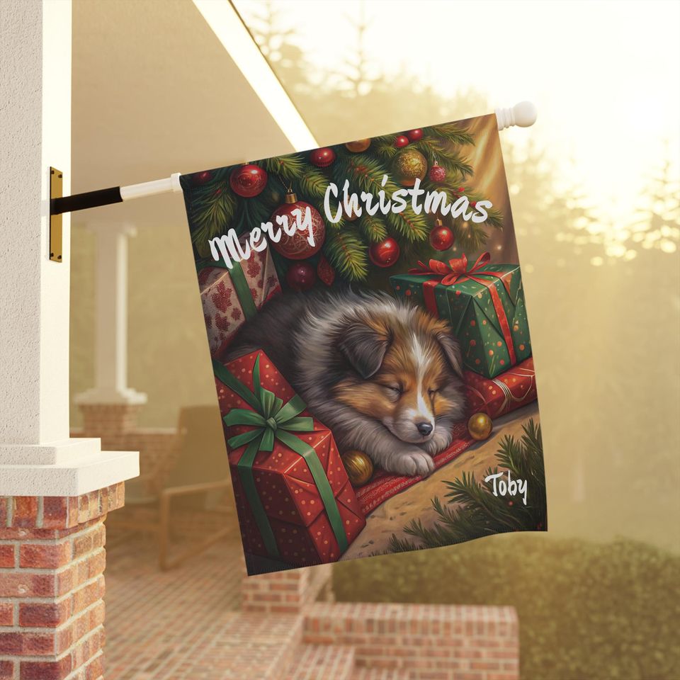 PERSONALIZED, Sheltie Christmas Garden Flag, Sheltie House Banner, Outdoor Christmas Decor, Winter Yard Sign, Dog Yard Flag