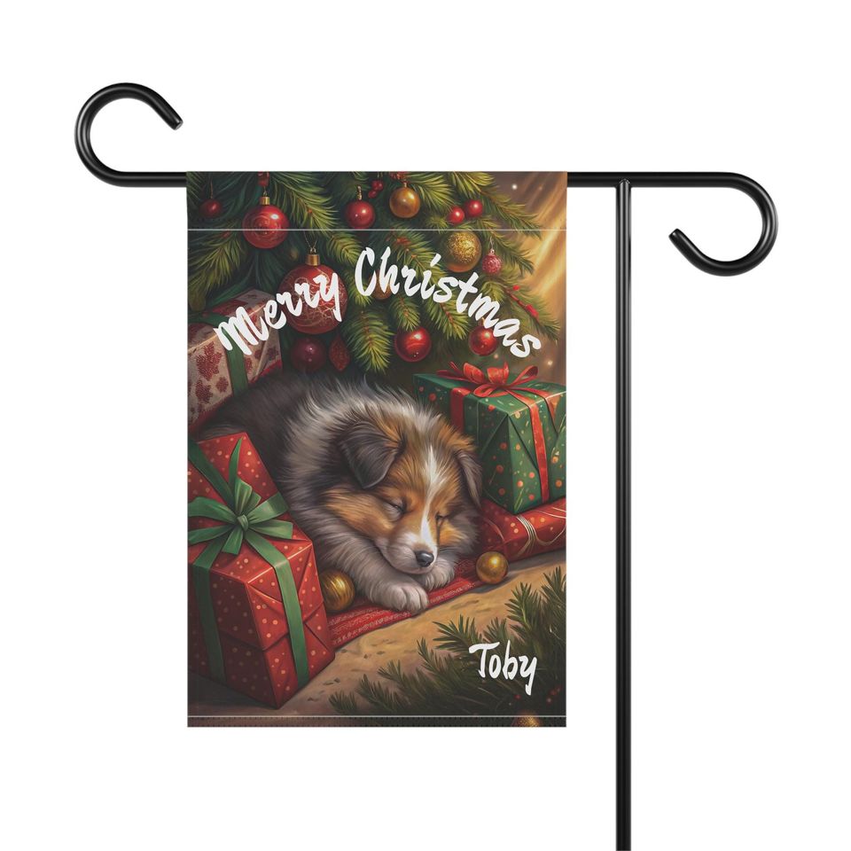 PERSONALIZED, Sheltie Christmas Garden Flag, Sheltie House Banner, Outdoor Christmas Decor, Winter Yard Sign, Dog Yard Flag