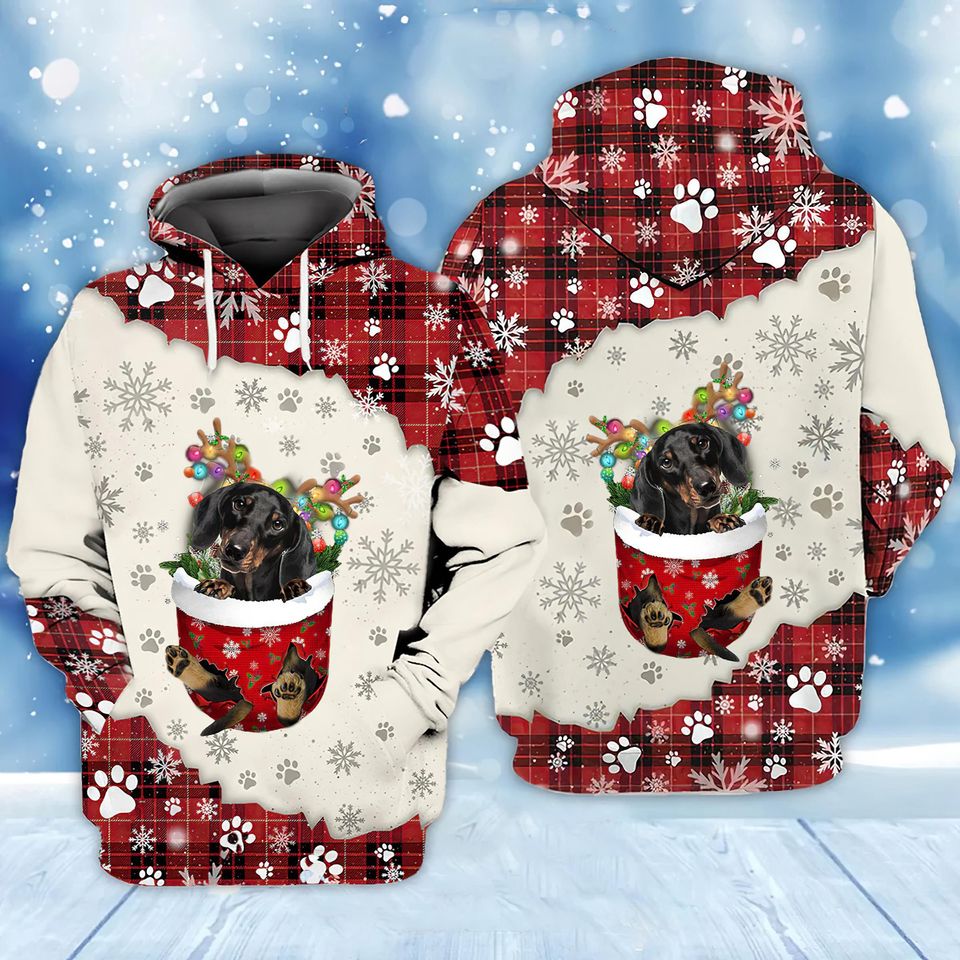 Black Dachshund Snow Pocket 3D Hoodie