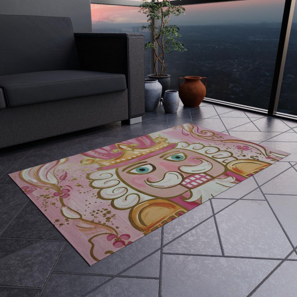 Nutcracker Pink Christmas Outdoor Rug for Holiday Decor