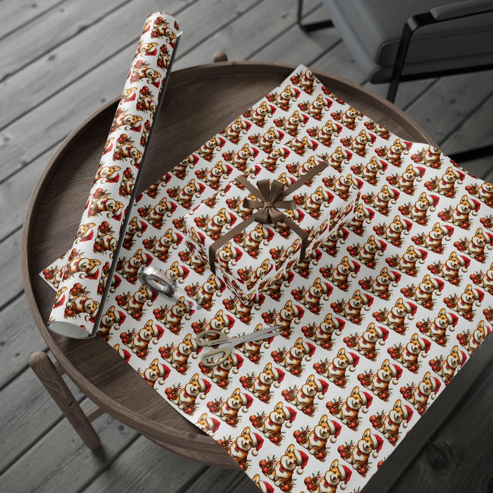 Christmas Corgi Wrapping Paper, Santa Hat Puppy Gift Wrap