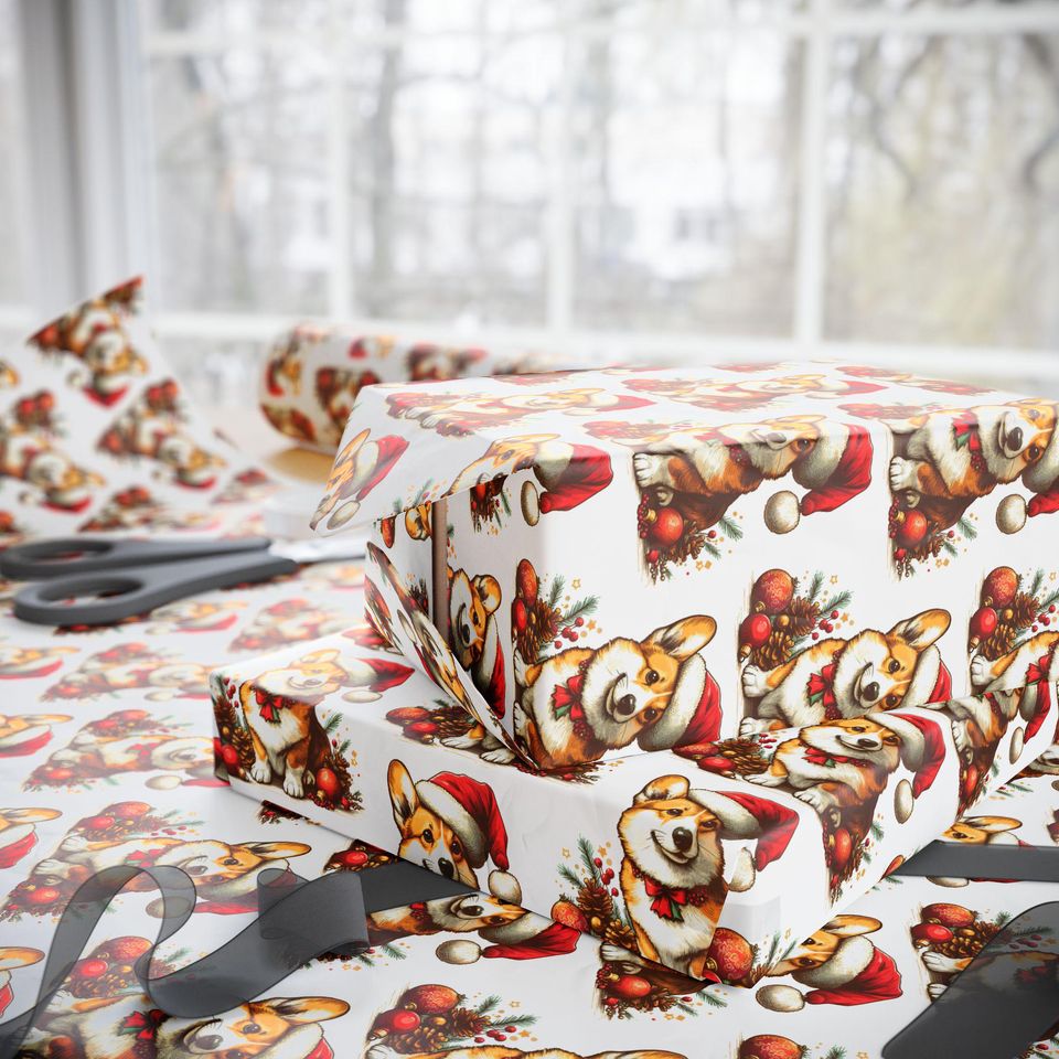 Christmas Corgi Wrapping Paper, Santa Hat Puppy Gift Wrap