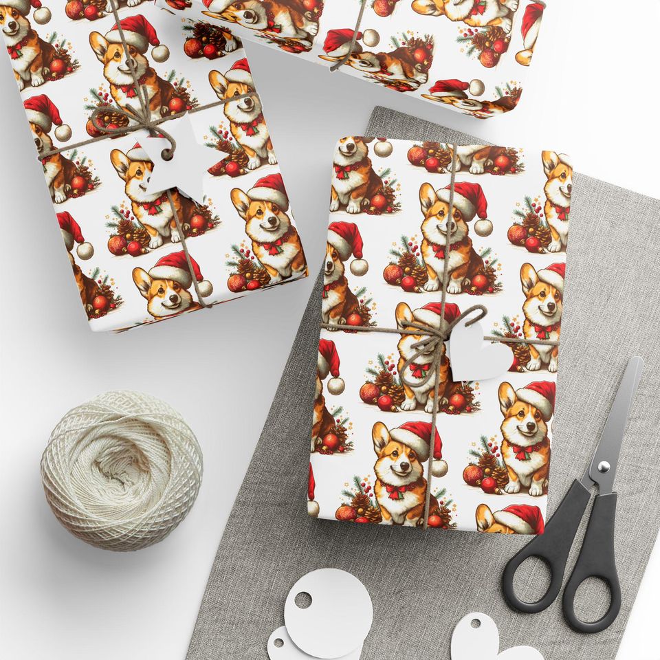Christmas Corgi Wrapping Paper, Santa Hat Puppy Gift Wrap