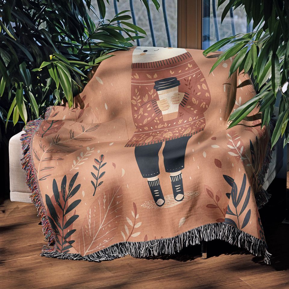 Cozy Fall Woven Blanket with Autumn Leaves Cottagecore