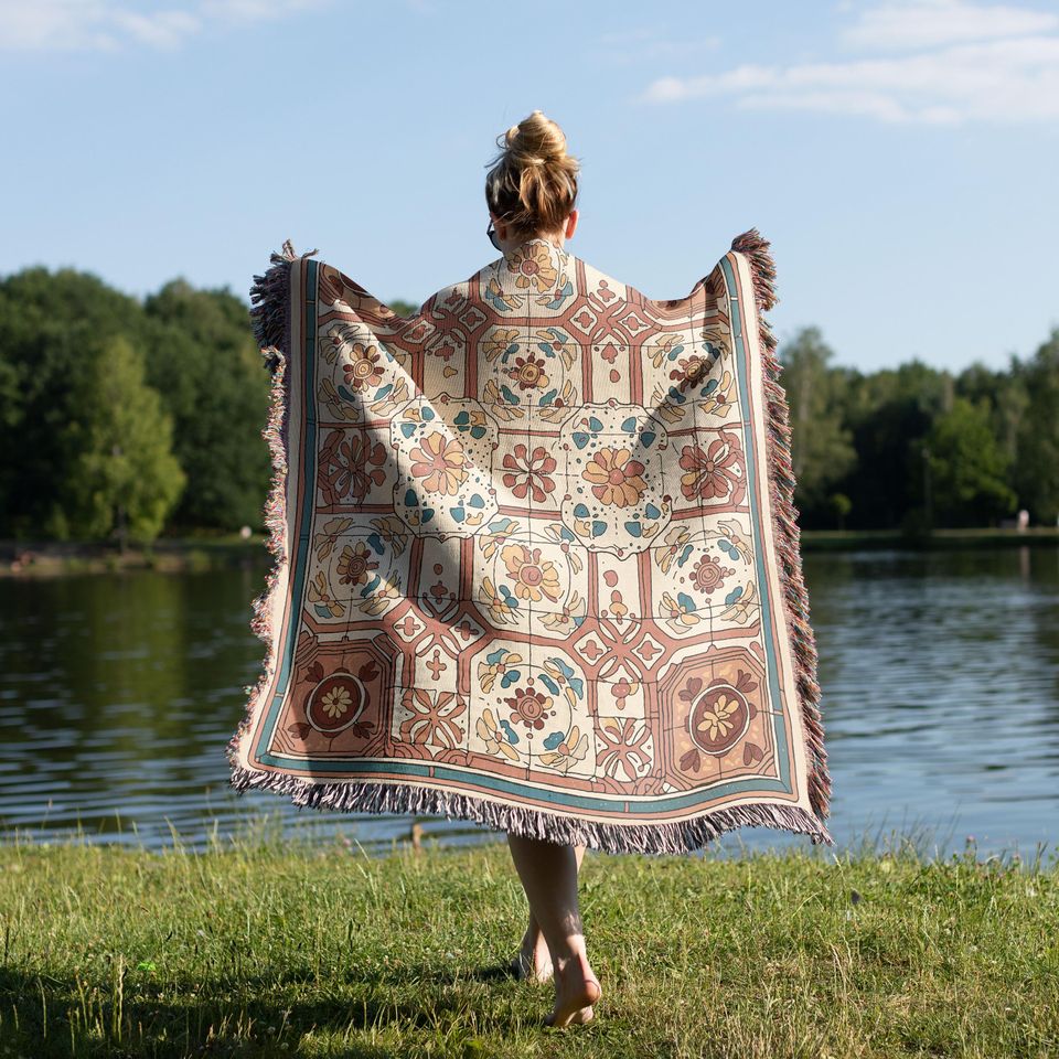 Vintage Floral Tile Print Woven Blanket, Mediterranean Boho Throw