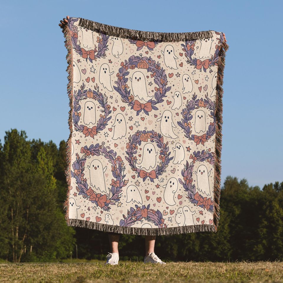 Cute Ghost Woven Blanket, Pastel Halloween Throw, Spooky Cute Fall Decor, Kawaii Halloween Cozy Blanket