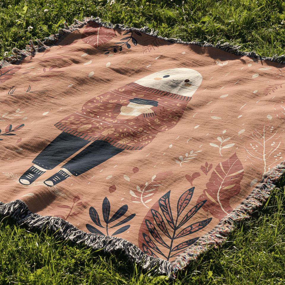 Cozy Fall Woven Blanket with Autumn Leaves Cottagecore