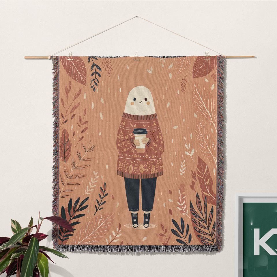 Cozy Fall Woven Blanket with Autumn Leaves Cottagecore