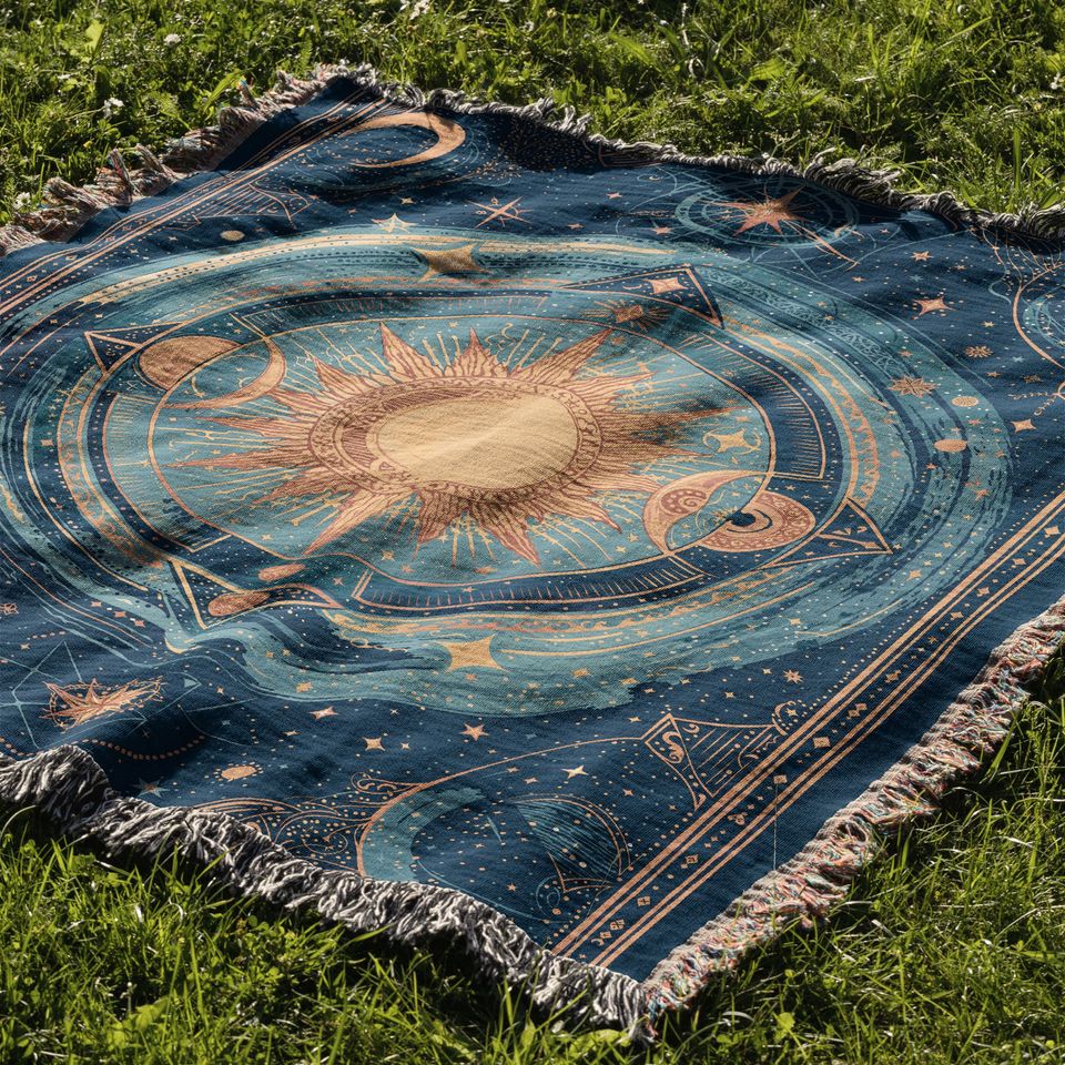 Celestial Sun and Moon Woven Blanket, Zodiac Astrology Decor