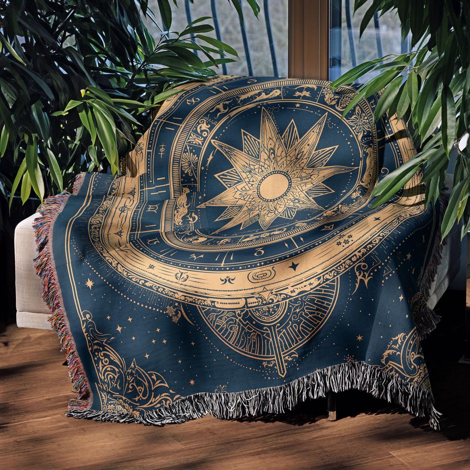 Zodiac Woven Blanket, Celestial Astrology Tapestry