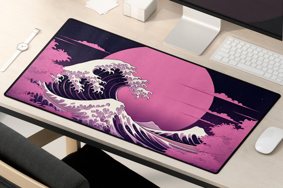 Kawaii Cute Desktop Mat with Japanese Wave Art Mouse Pad for Students and Gaming