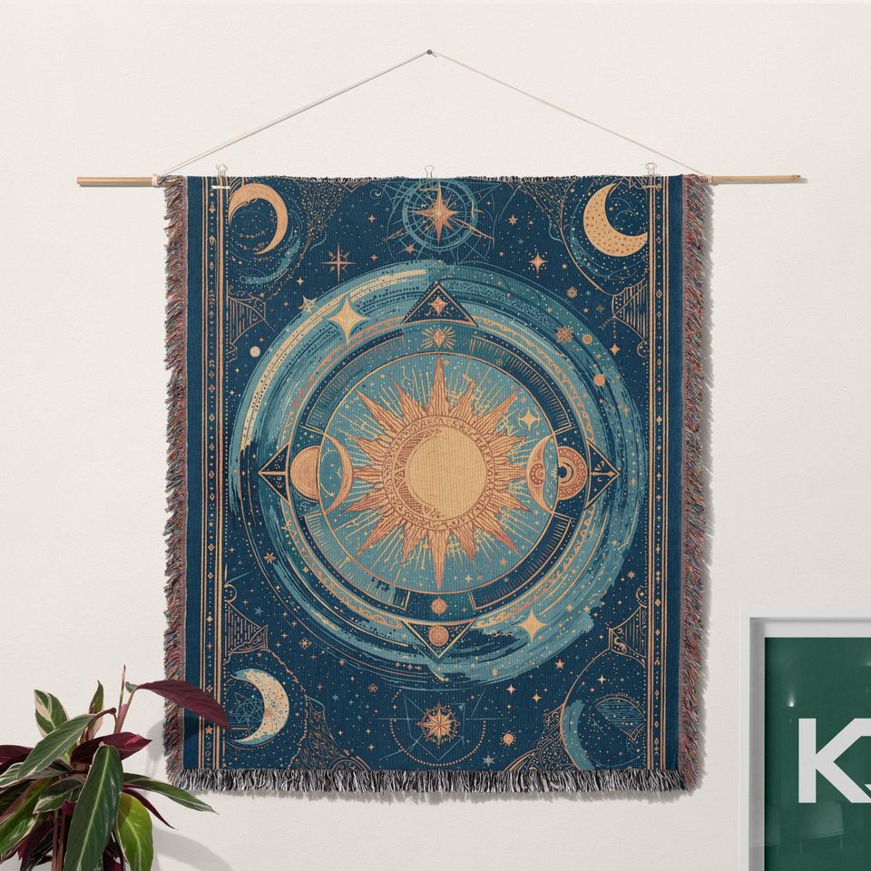 Celestial Sun and Moon Woven Blanket, Zodiac Astrology Decor