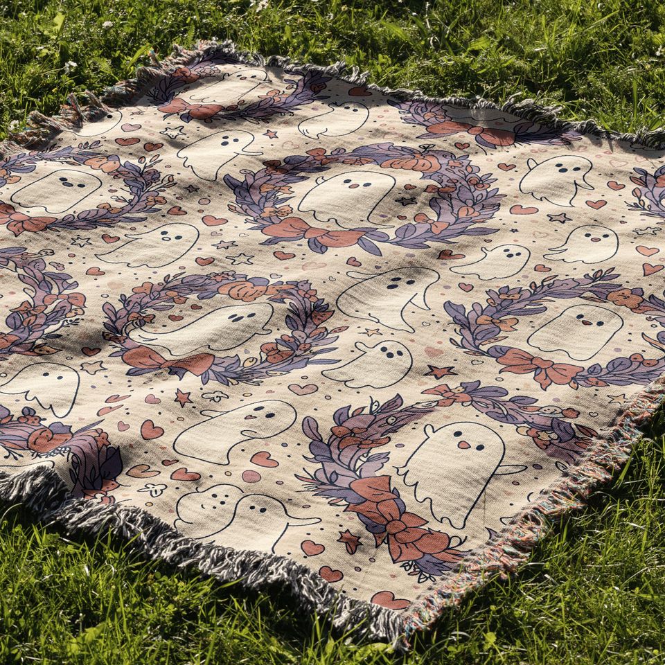 Cute Ghost Woven Blanket, Pastel Halloween Throw, Spooky Cute Fall Decor, Kawaii Halloween Cozy Blanket