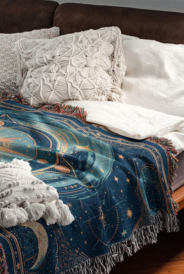 Celestial Sun and Moon Woven Blanket, Zodiac Astrology Decor