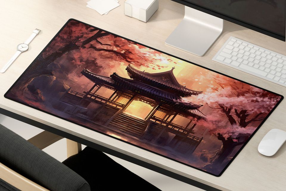 Cherry Blossom Desk Mat - Sakura Forest Temple Pagoda