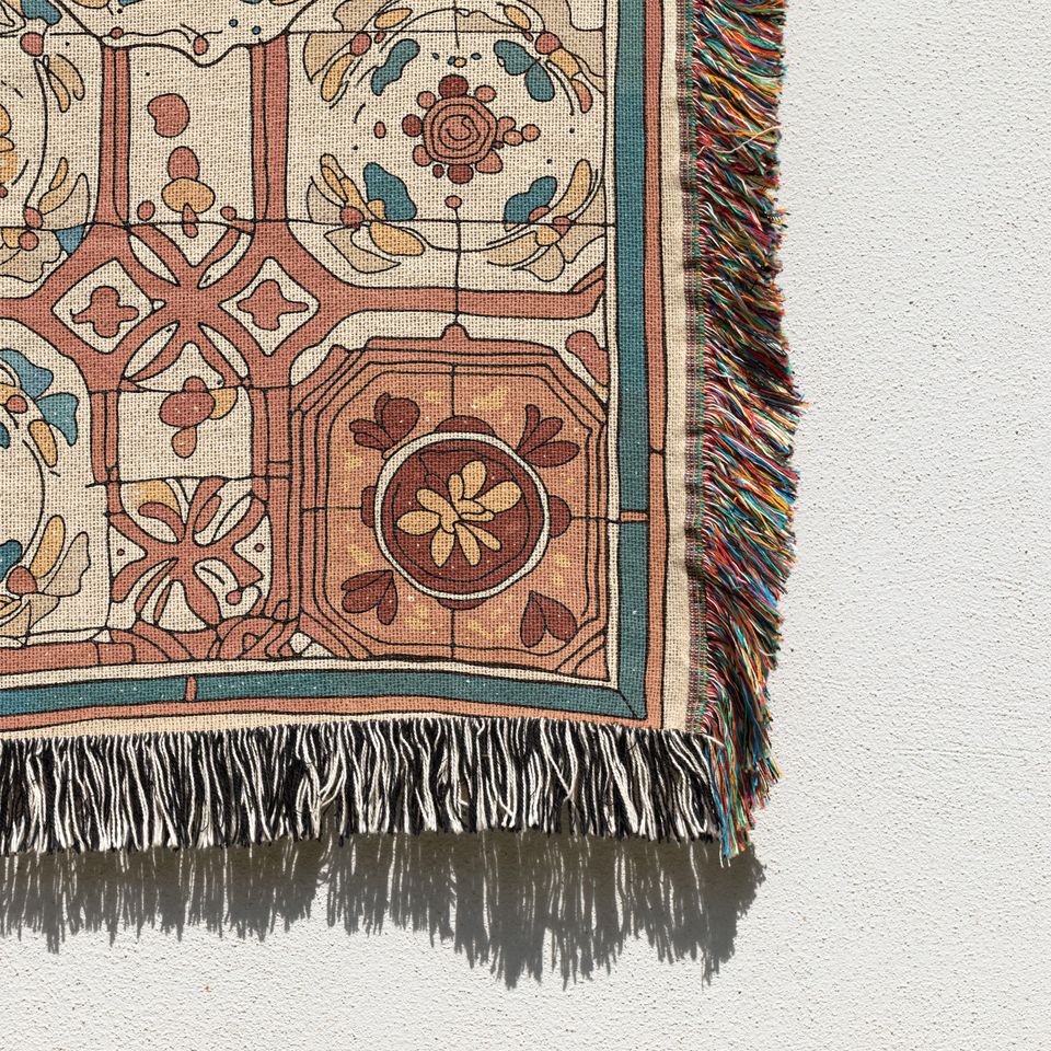Vintage Floral Tile Print Woven Blanket, Mediterranean Boho Throw