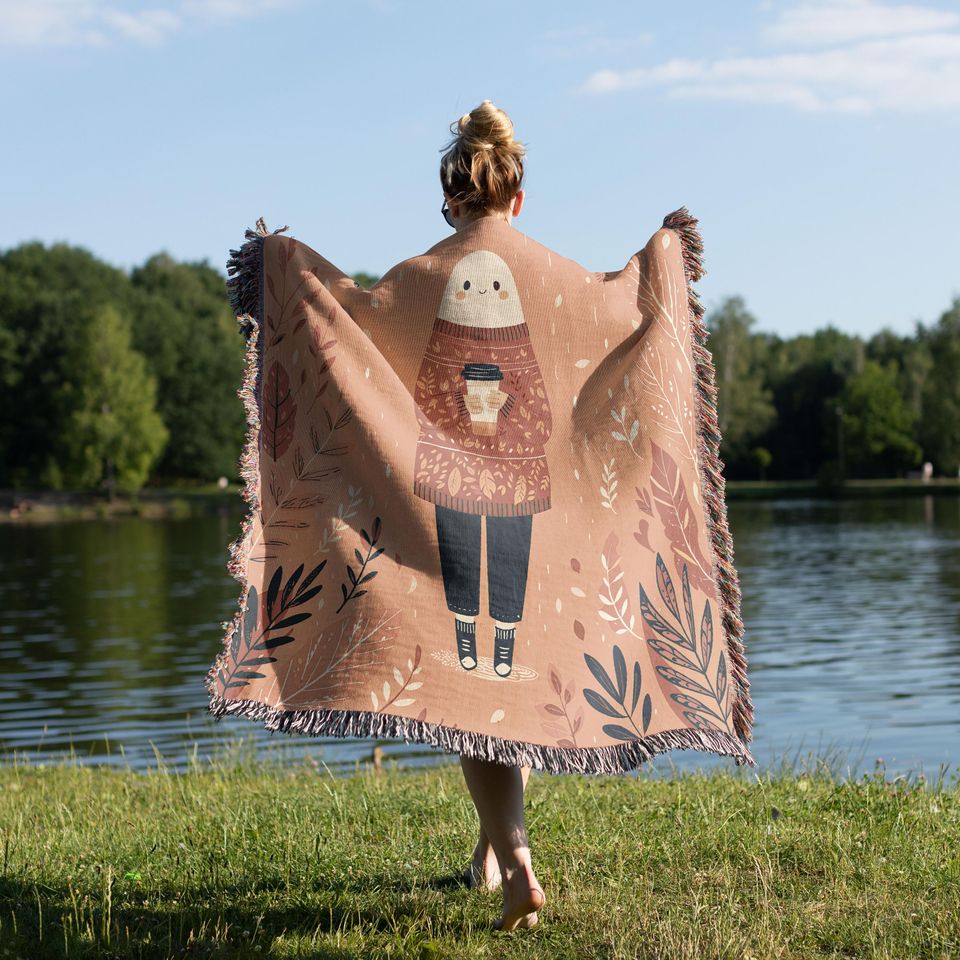 Cozy Fall Woven Blanket with Autumn Leaves Cottagecore