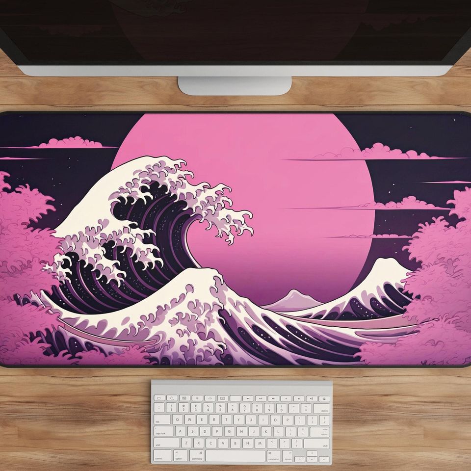 Kawaii Cute Desktop Mat with Japanese Wave Art Mouse Pad for Students and Gaming