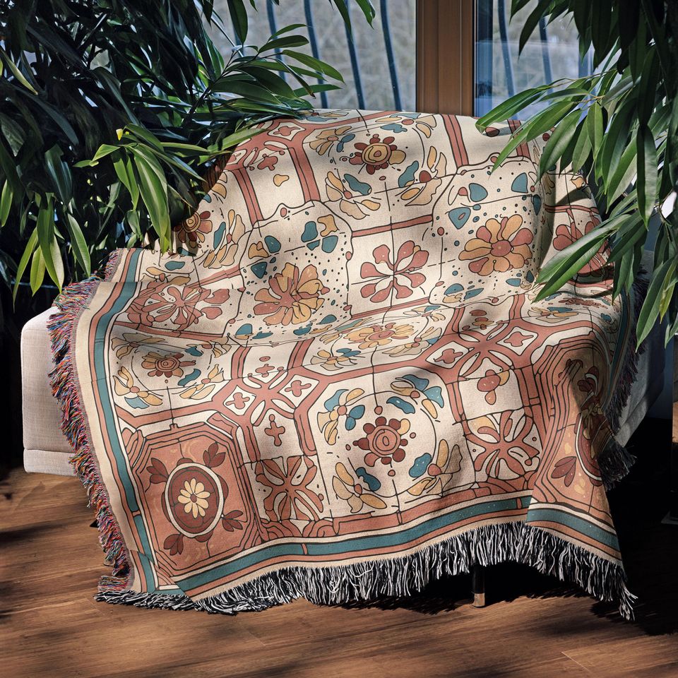 Vintage Floral Tile Print Woven Blanket, Mediterranean Boho Throw