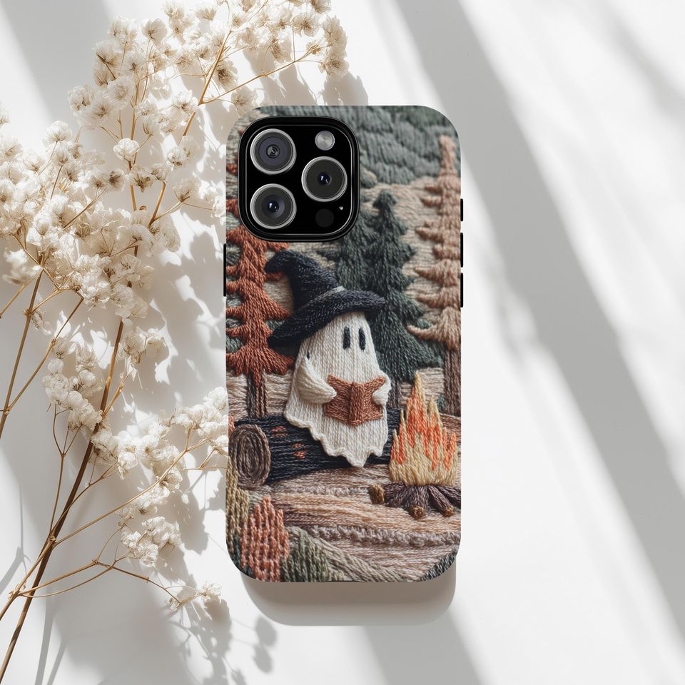 Cozy Witch Ghost Reader Campfire 3D Effect Fall Embroidered Cell Phone Case, Halloween Bookish iPhone Samsung Case, Book Lover, Trendy Cover