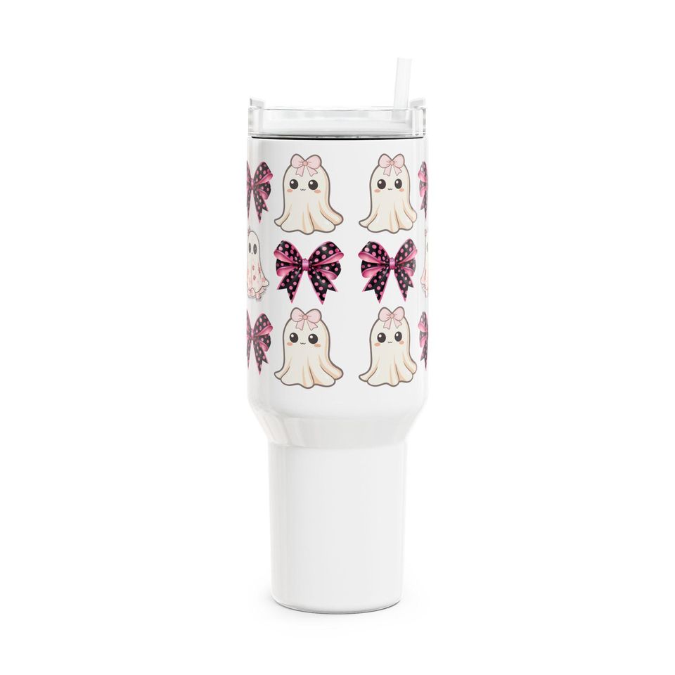 Coquette Ghost and Bows Halloween Girly Tumbler, 40oz - Cute Halloween Cup for Drinks, Large Tea Mug, Spooky Coffee Tumbler, Fancy Beverage