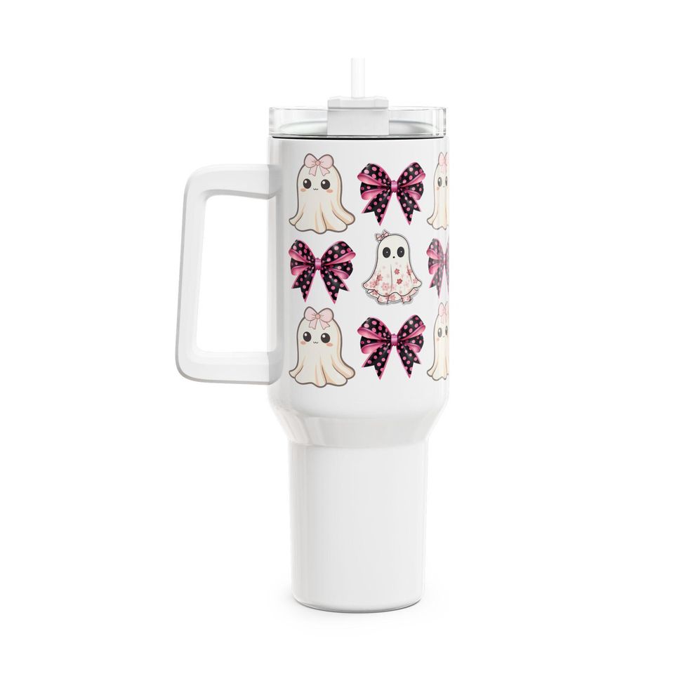 Coquette Ghost and Bows Halloween Girly Tumbler, 40oz - Cute Halloween Cup for Drinks, Large Tea Mug, Spooky Coffee Tumbler, Fancy Beverage