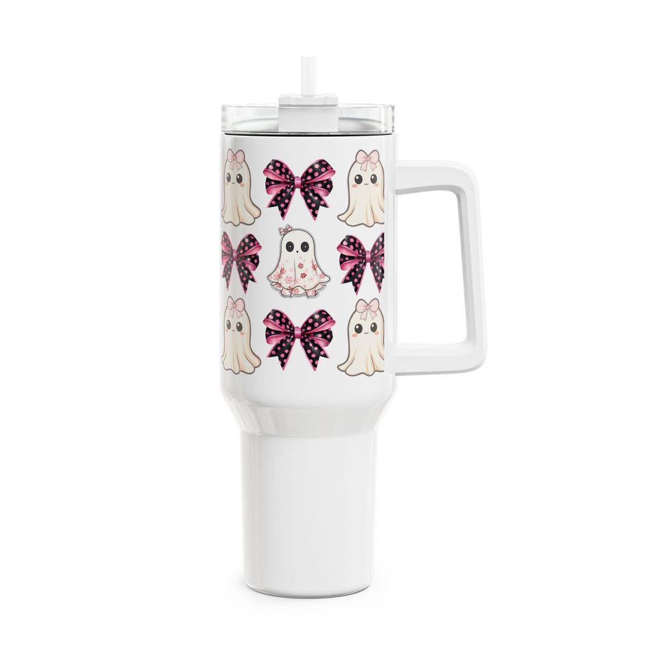 Coquette Ghost and Bows Halloween Girly Tumbler, 40oz - Cute Halloween Cup for Drinks, Large Tea Mug, Spooky Coffee Tumbler, Fancy Beverage