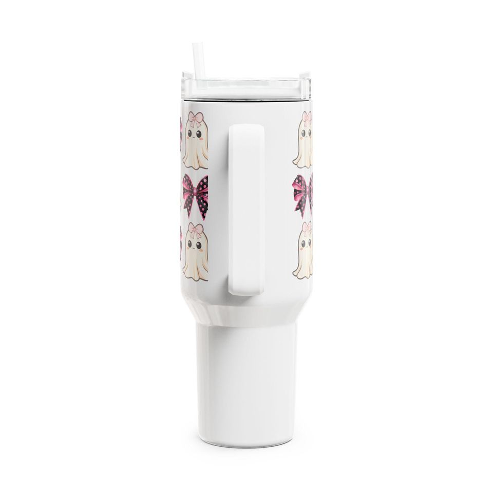 Coquette Ghost and Bows Halloween Girly Tumbler, 40oz - Cute Halloween Cup for Drinks, Large Tea Mug, Spooky Coffee Tumbler, Fancy Beverage