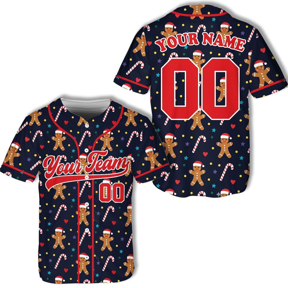 Personalized Christmas Baseball Jersey Adult Kid Youth, Custom Name Number Holiday Jersey, Xmas Gift Shirt Santa Snowman Gingerbread Shirt